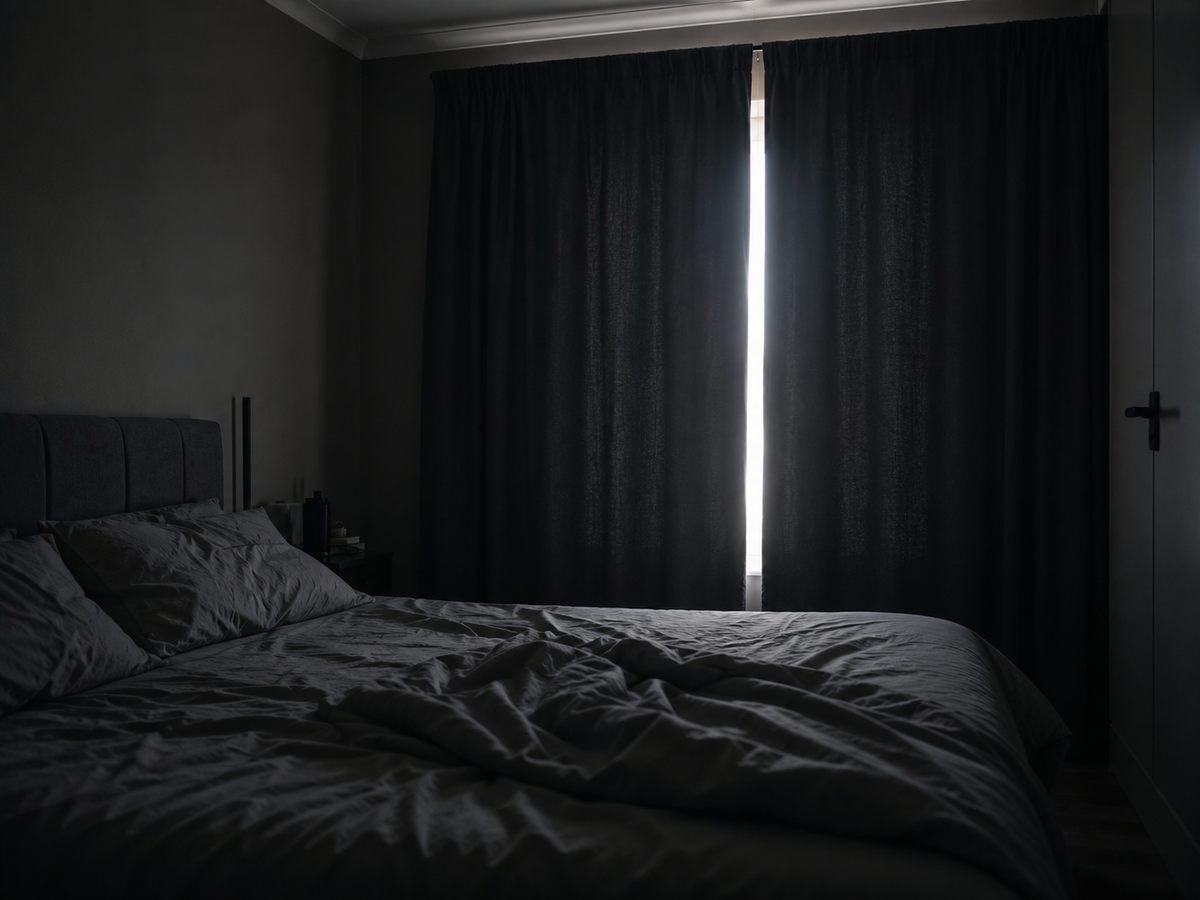IMAGE: Darkened bedroom with curtains drawn and dim light — representing the instinct to seek darkness during a migraine