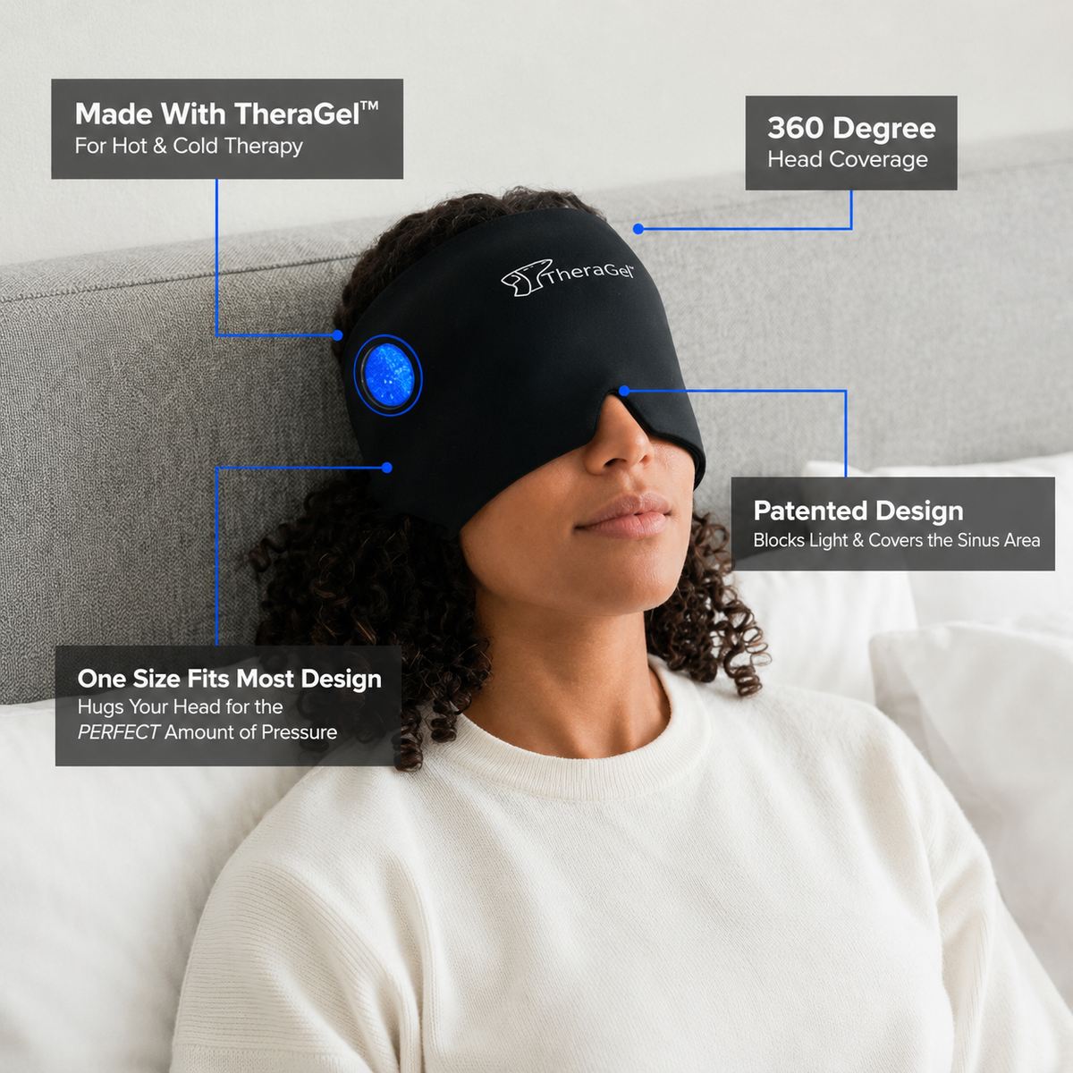 IMAGE: Product lifestyle shot — the Migraine Relief Cap displayed beautifully on a bedside table next to a glass of water, with a serene bedroom background