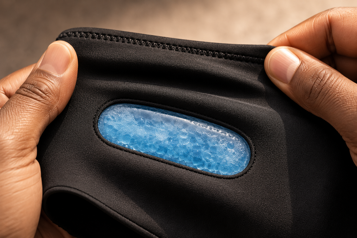 IMAGE: Close-up of the cap's soft stretch fabric and flexible gel — showing it bending and conforming to different head shapes