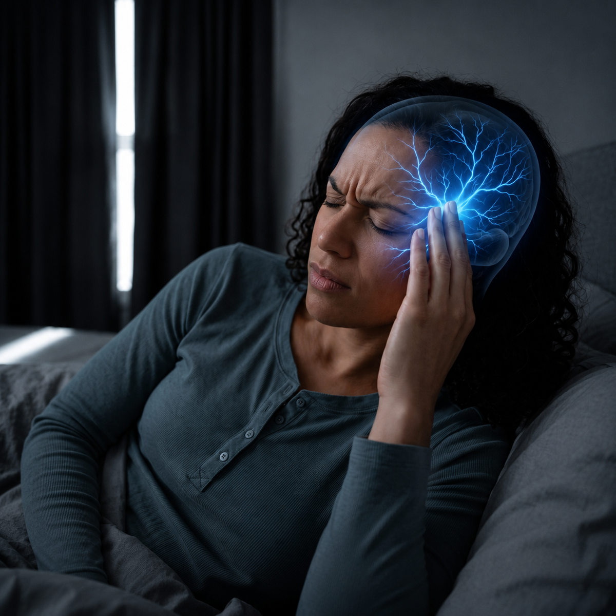 IMAGE: Person lying in a dark room holding their head during a migraine — showing the pain and frustration of a migraine attack
